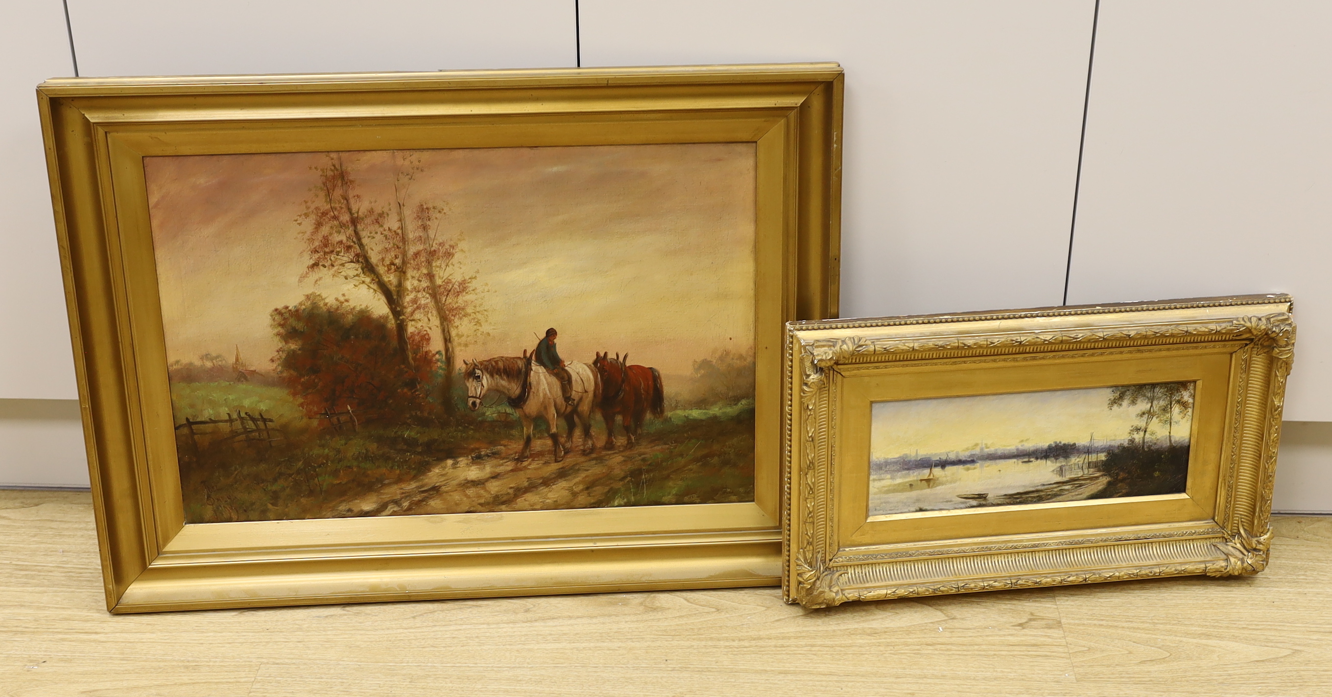 Joel Owen (1892-1931), oil on canvas, Work horses on a path, signed and dated 1919, together with an oil on canvas, Panoramic river landscape, indistinctly signed, largest 39 x 59cm